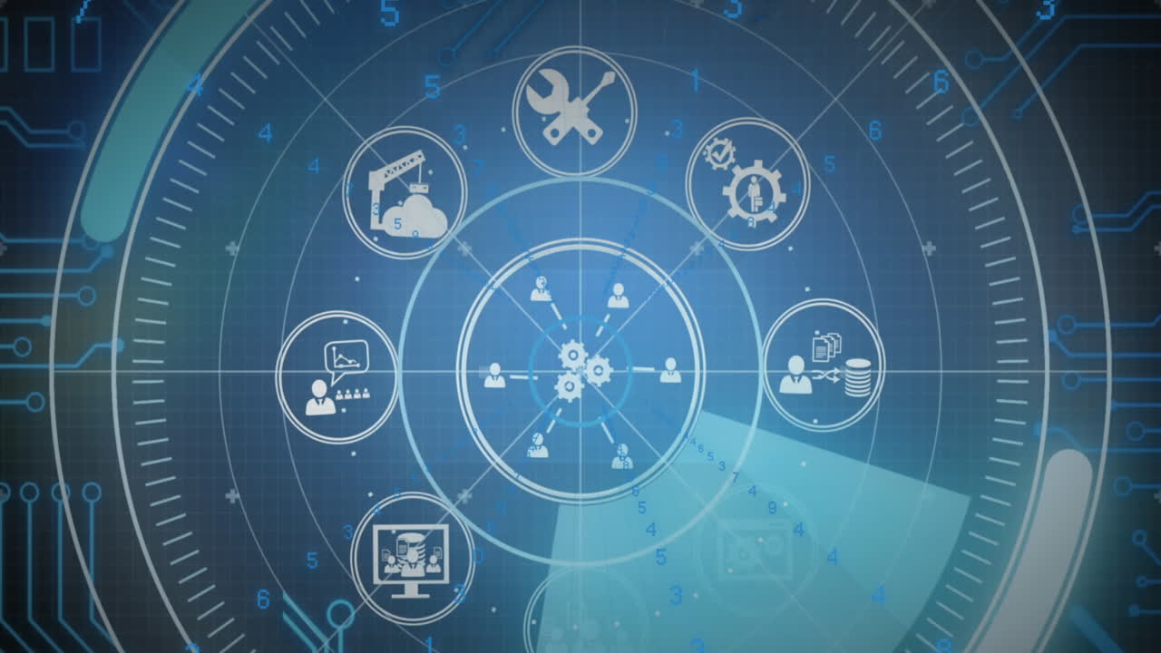 파란색 배경에서 아이콘 네트워크와 데이터 처리의 애니메이션