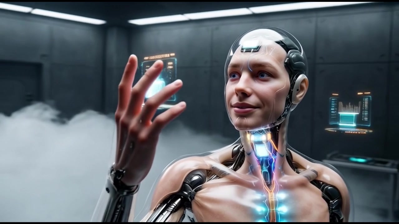 Humanoid Robot Interacting with Holographic Data in Futuristic Laboratory