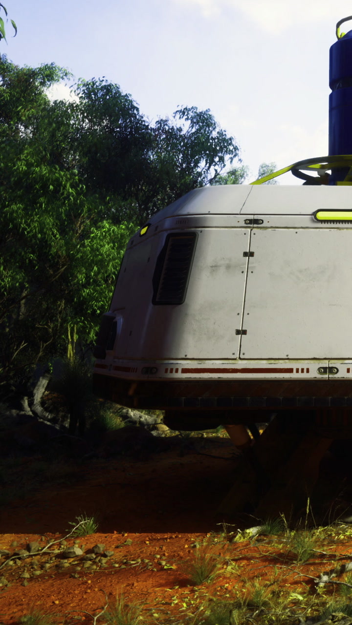 Spaceship lands on red soil near green trees in remote area