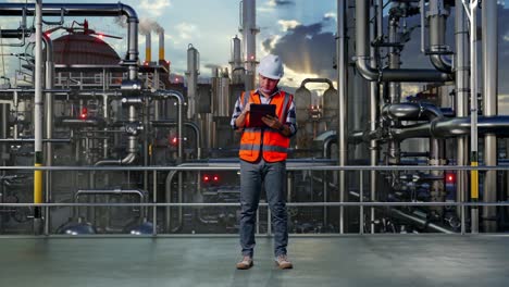 full body of asian male engineer with safety helmet taking note on the tablet and looking around while standing in a refinery, oil processing equipment and machinery