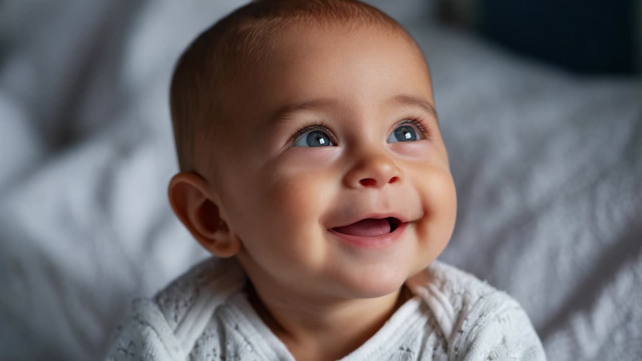 An Adorable Baby Smiling Radiantly in Natural Light, Captivating Heartwarming Expressions and Innocent Joy in a Cozy, Soft-Focused Setting, Showcasing Pure Happiness and Delightful Charm