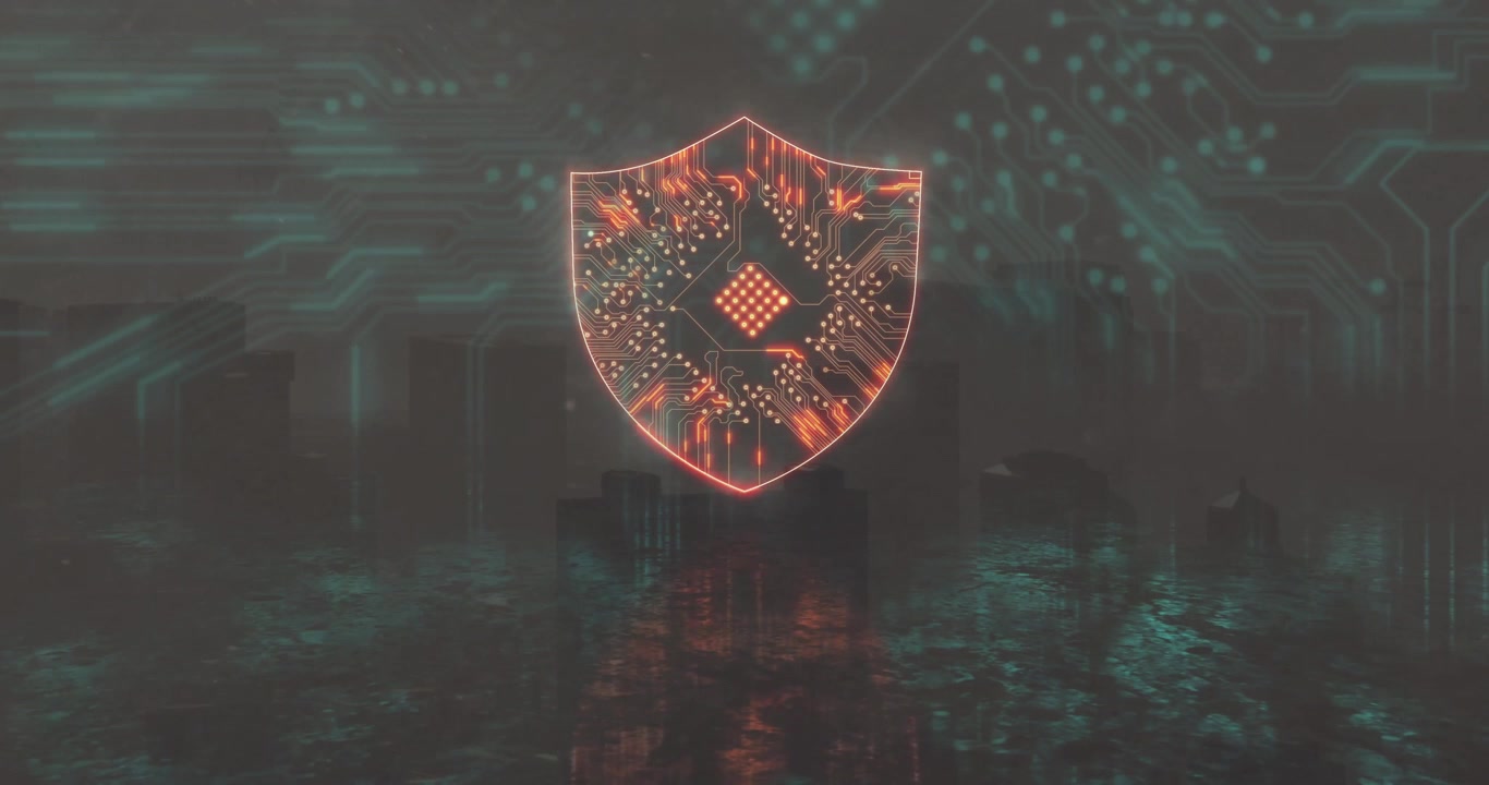 3D neon?orange shield icon hovering over mirrored water, showing teal circuit traces above skyline