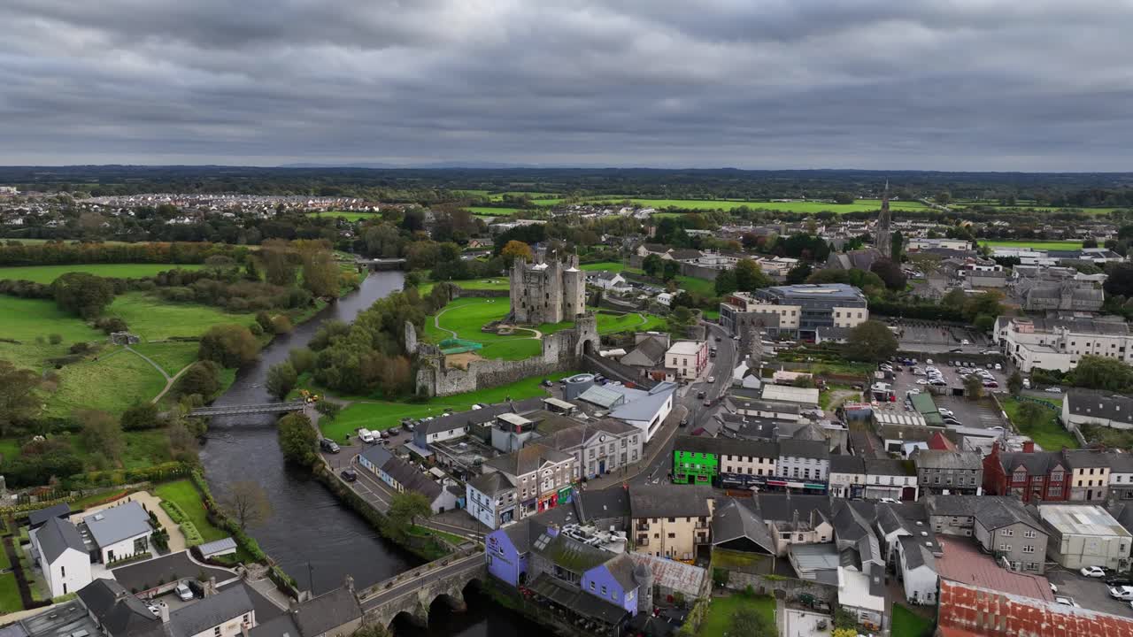 Aerial view of Trim Castle and surrounding town in Ireland