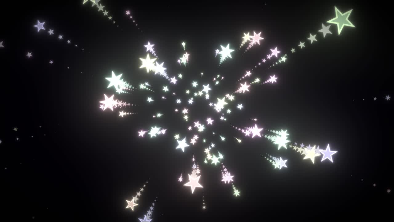 Vibrant pastel stars explode outward from a central point against a black background with bloom