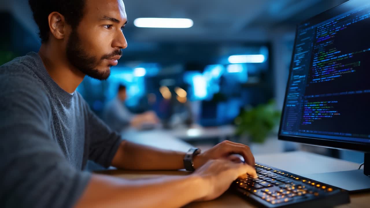 Focused Programmer Coding at Night on a Computer with Colorful Code Illuminating the Screen in a Modern Office Environment