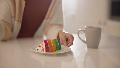 Dance,-celebration-and-woman-eating-cake-in-home