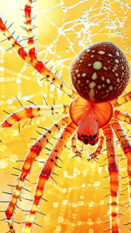 a spider is sitting in the center of a web. the web is orange and the spider is red