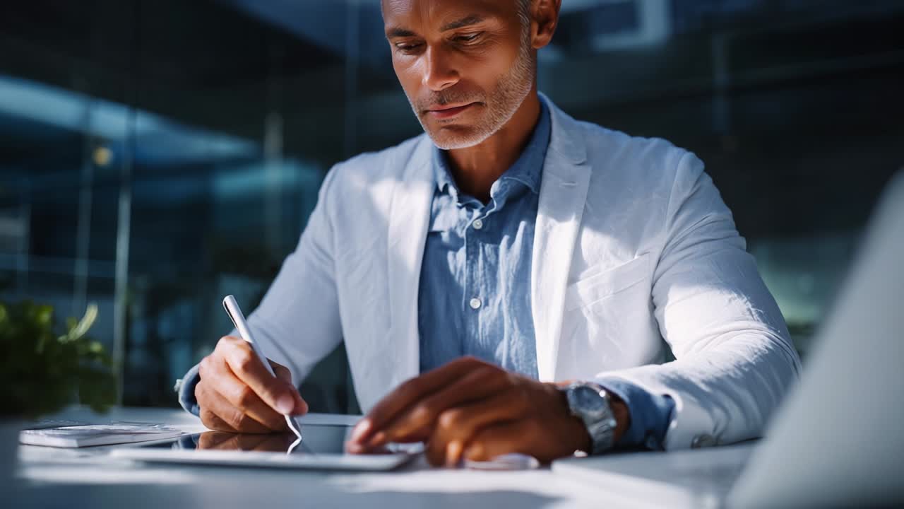Focused Professional Engaging in Digital Note-Taking with a Stylus on a Tablet in a Modern Office Setting, Illuminated by Soft Natural Light, Showcasing Concentration and Creativity in Workflow