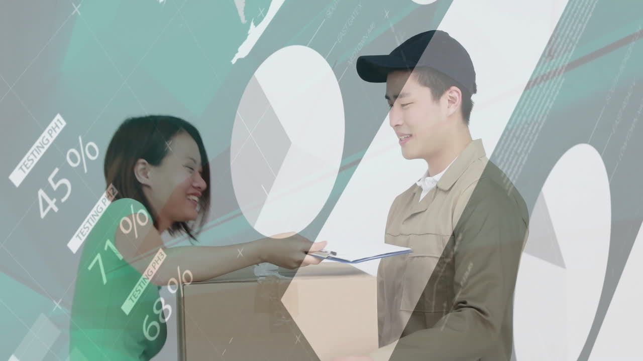 아시아 여성과 배달사에 대한 금융 데이터 처리의 애니메이션