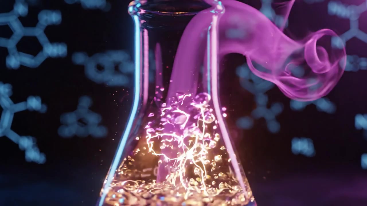 Eine atemberaubende visuelle Darstellung wissenschaftlicher Entdeckung, mit einem Glaskolben gefüllt mit leuchtender Flüssigkeit vor dem Hintergrund komplexer Molekularstrukturen