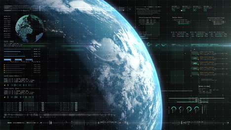 futuristic motion graphic user interface head up display screen with holographic earth and digital data telemetry information display for digital background computer desktop display screen