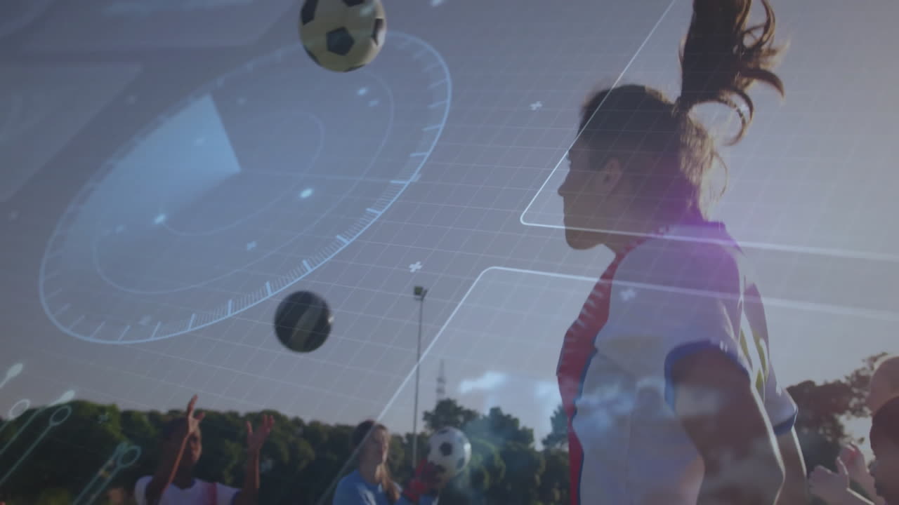Practicing soccer, players using animation and digital data overlay on field