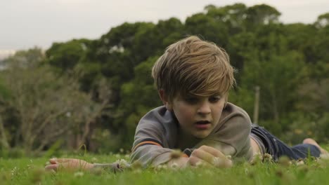 un solo niño aburrido y despreocupado acostado en la hierba de la ladera tirando de flores silvestres de diente de león del suelo