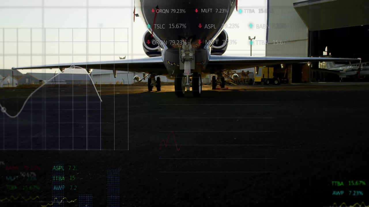 On tarmac, airplane with animation of financial data and stock market graphs