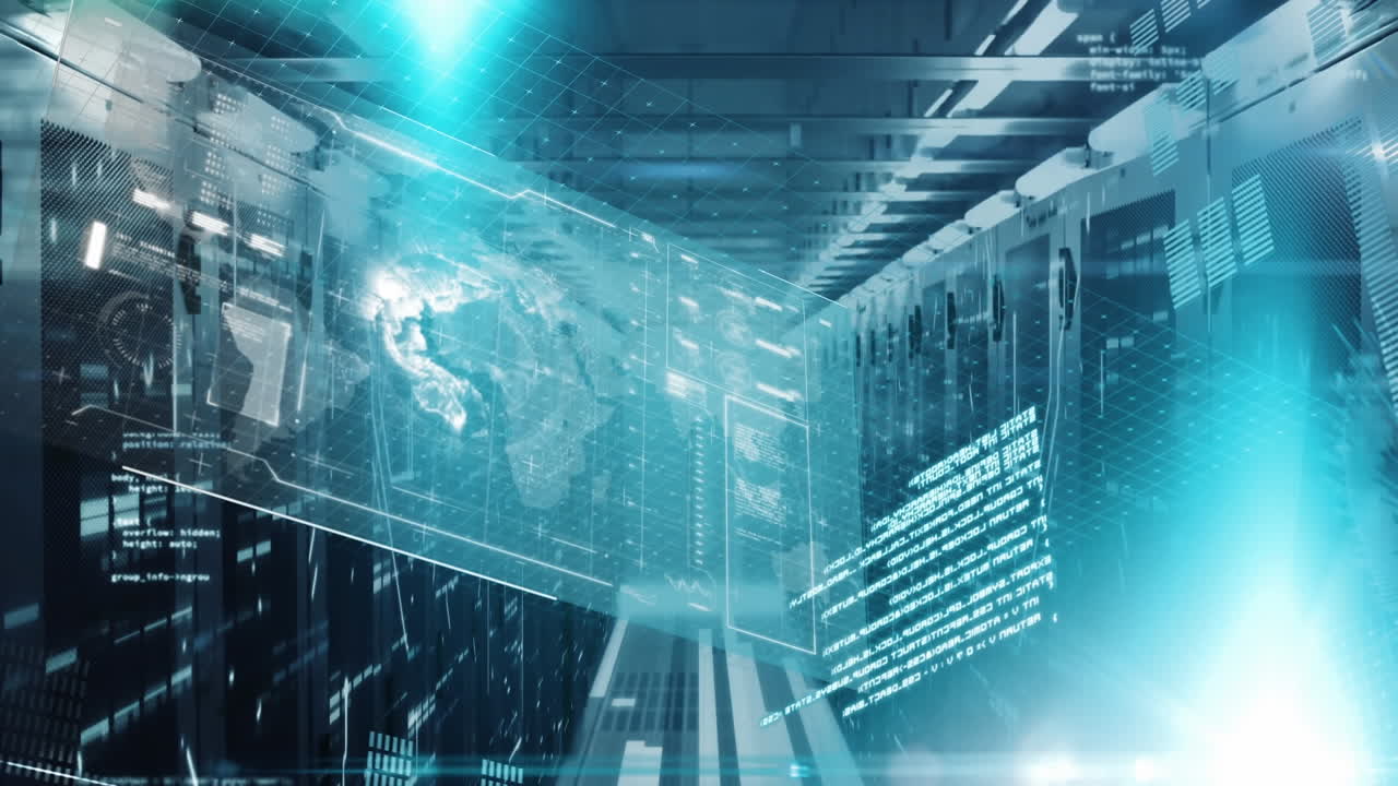 컴퓨터 서버를 통해 데이터 처리를 하는 화면의 애니메이션