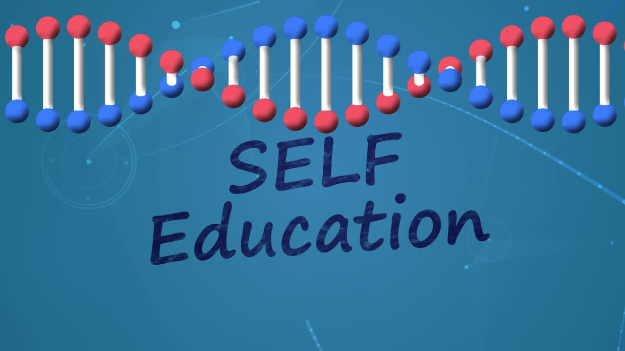 자기 교육, dna 스트랜드 및 파란색 배경의 연결 네트워크의 애니메이션