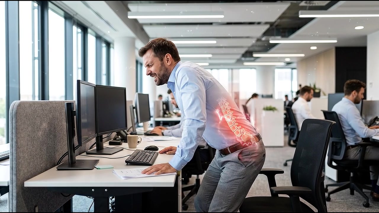 Office Worker Experiencing Severe Lower Back Pain at Desk