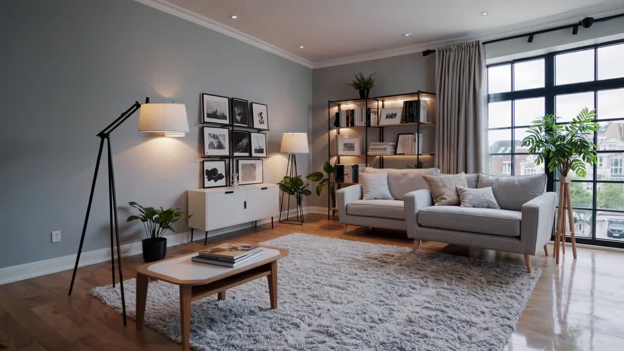 Modern living room with Scandinavian decor, shot from a wide-angle perspective
