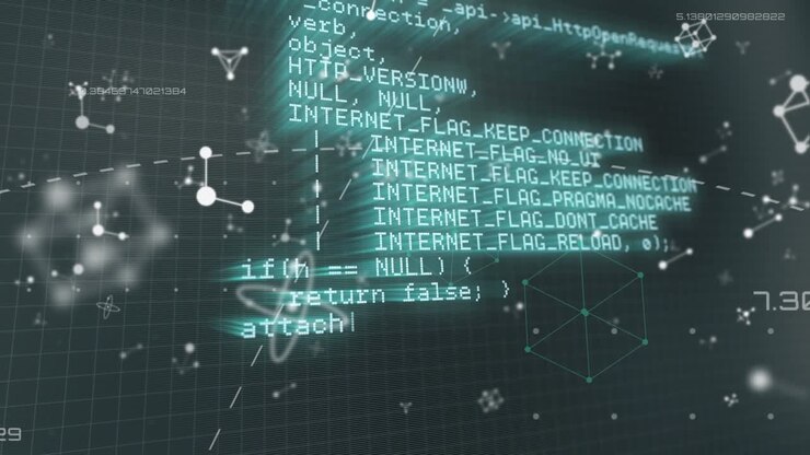Animation of molecules over data processing on black background