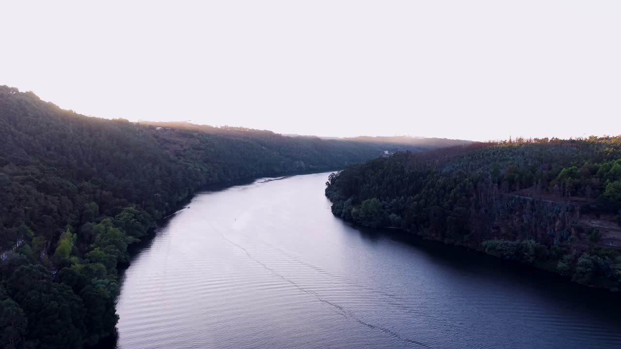 부드러운 저녁 햇살 아래 숲이 우거진 언덕 사이로 흐르는 도루 강(Douro River)의 고요한 풍경