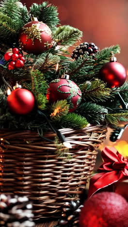 a christmas tree with red and green decorations sits on a wooden table. the tree is surrounded by pine cones and other ornaments, and there are two boxes nearby. the scene conveys a festive