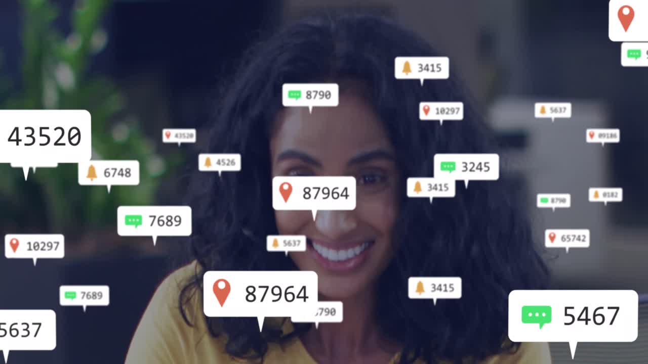 Animation of multiple notification bars, biracial woman talking and smiling while clapping in office