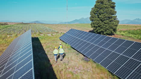 drone, engineering or people with solar panels