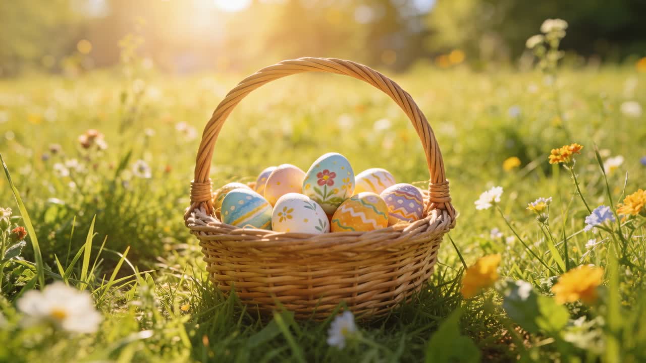 Moving camera drawing wicker basket filled with painted eggs closer in meadow, showing egg details