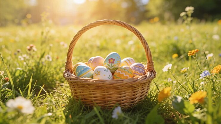 Moving camera drawing wicker basket filled with painted eggs closer in meadow, showing egg details