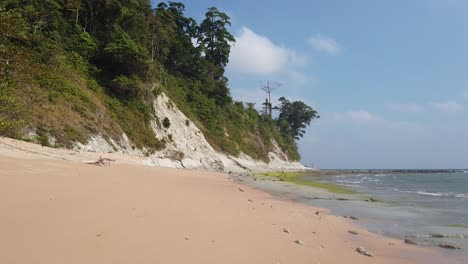 walking along a remote beach at low tide with small waves rock formations from old volcanic flows and a habitat for sea plants and tropical fish with forest lining the golden sand