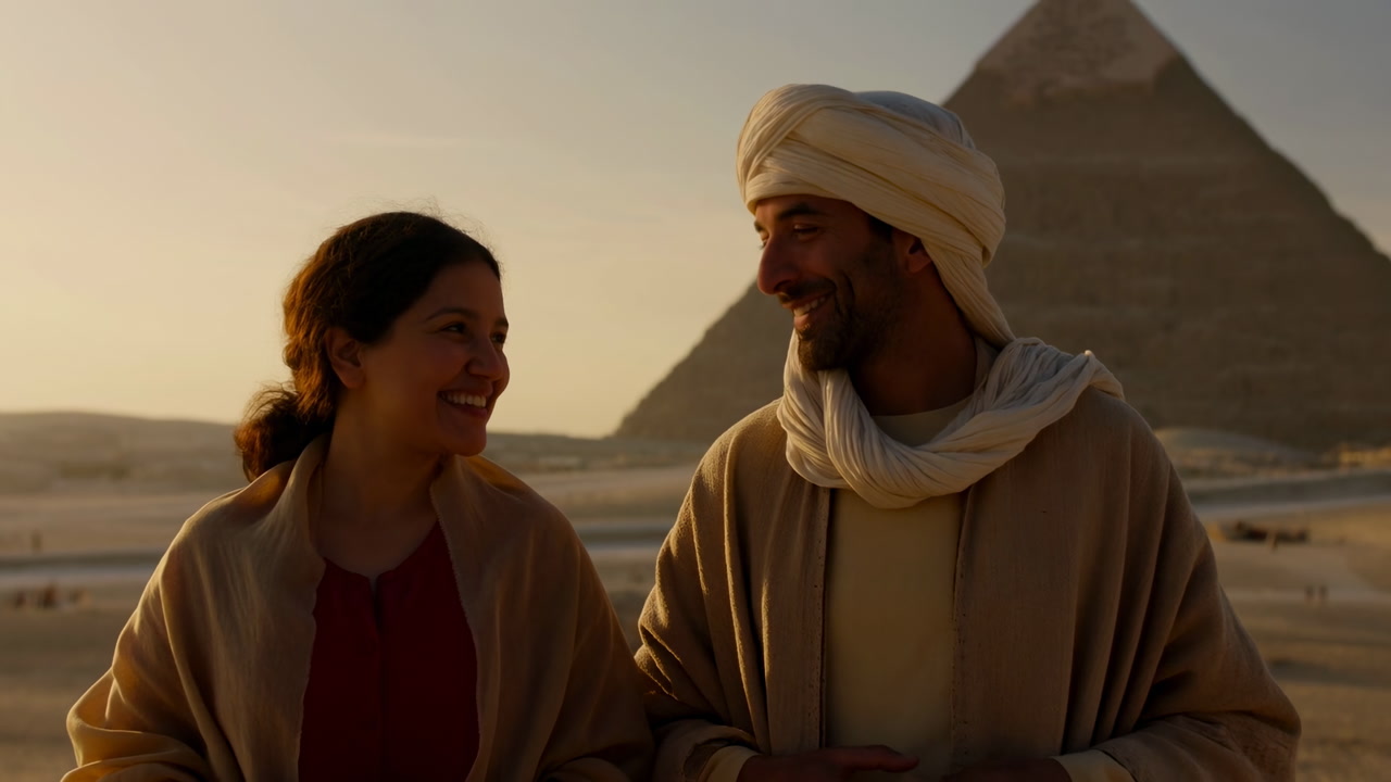 Couple Smiling Near Pyramid At Sunset, Woman Wearing Coat And Man In Traditional Robe And Turban Sharing Warm