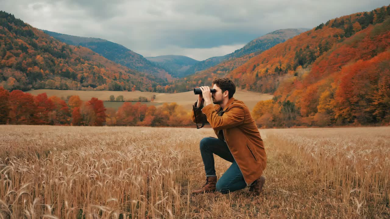 Man with Binoculars in Autumn Landscape