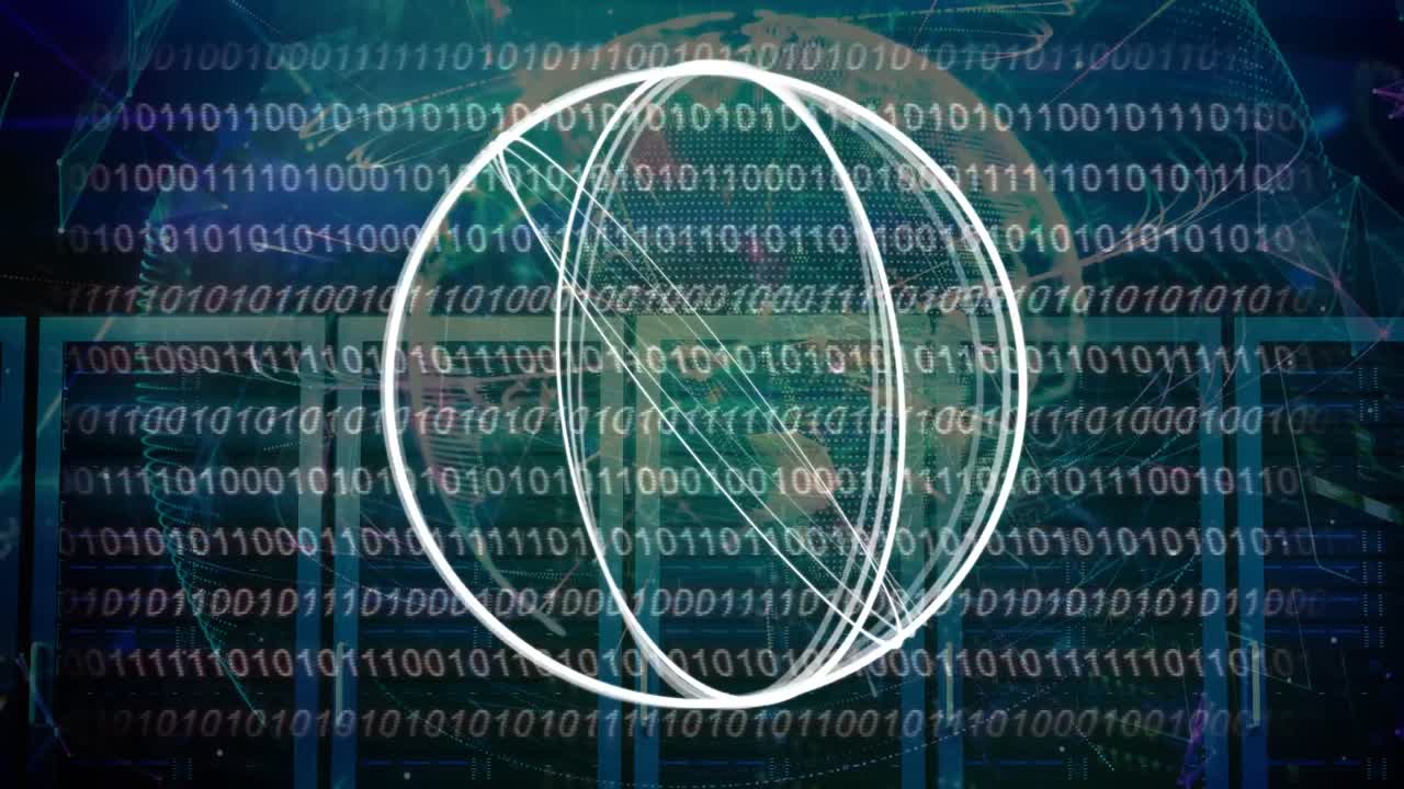 Animation of circles rotating over data processing in blue and black space