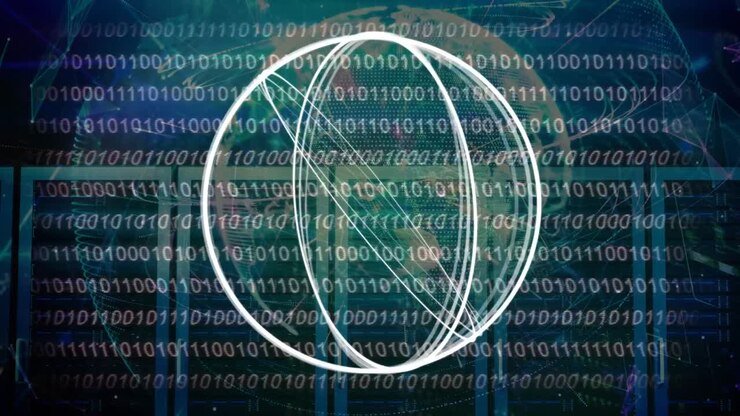 Animation of circles rotating over data processing in blue and black space