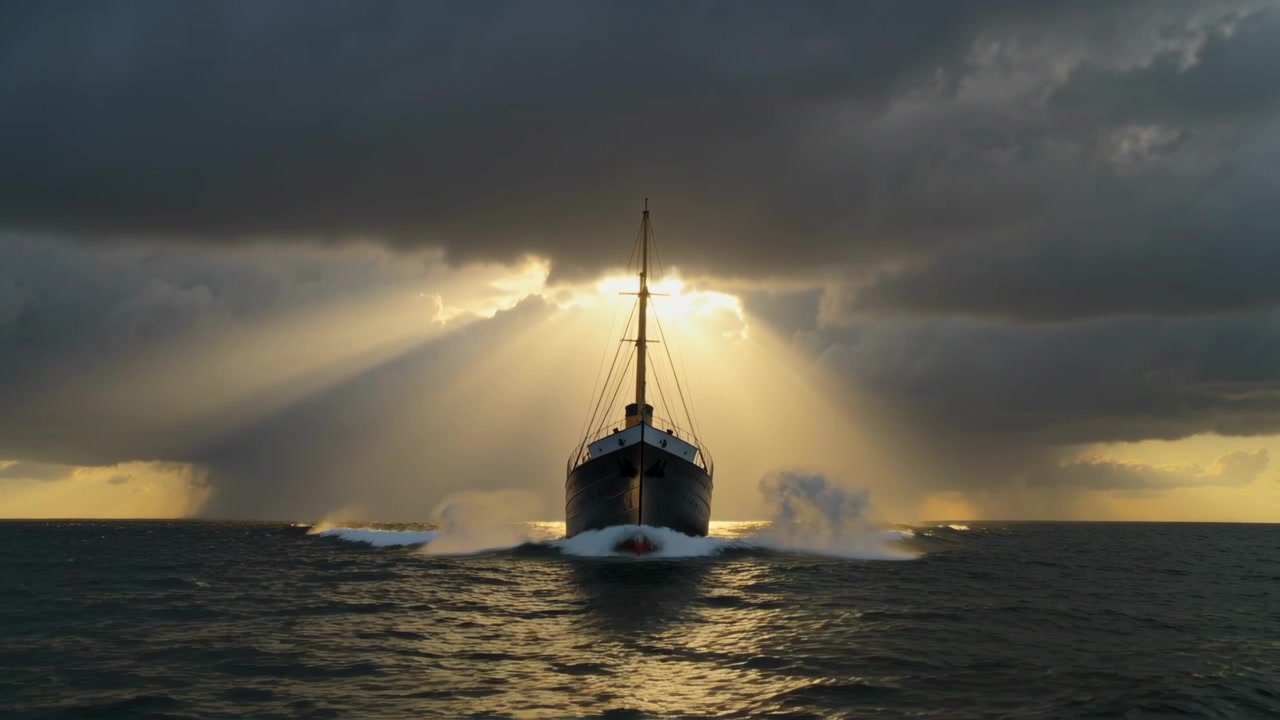 Sich nähernder Trawler durchpflügt die raue offene See, Bug Gischt und Kielwasser steigen unter Sonnenstrahlen auf.