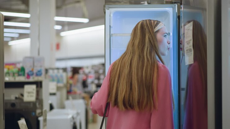 Lady opens glowing refrigerator in a brightly lit store, carefully inspecting the illuminated interior, the refrigerator's light enhances the sleek, modern design as she holds the door