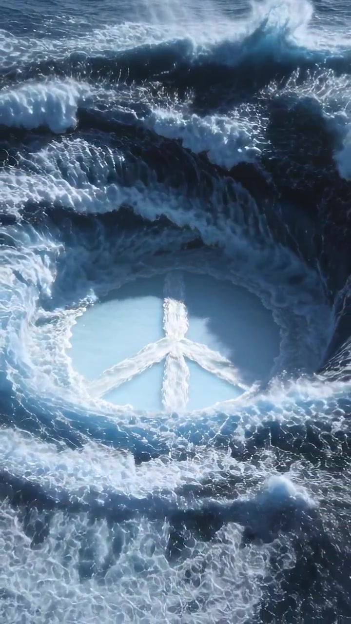 Vídeo vertical: Vórtice marinho impulsionado por tempestade, puxando as ondas para dentro e revelando um símbolo da paz em uma piscina calma.