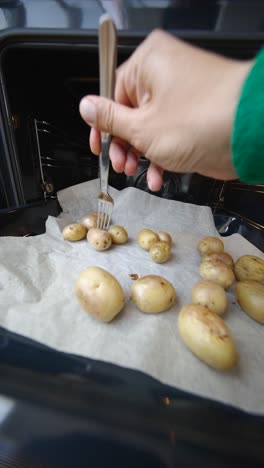 roasted potatoes in oven with fork
