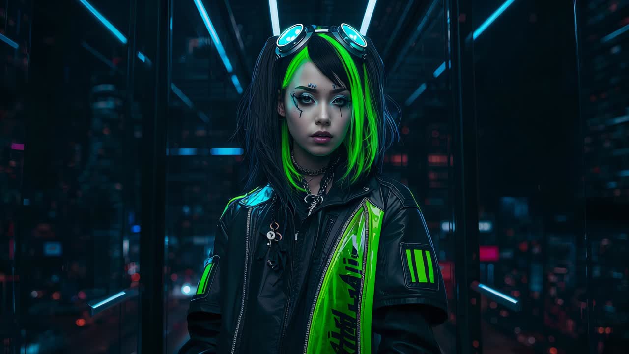 Blinken beim Frame-Wechsel, weibliches Modell erlangt Blick in Neonkorridor wieder, türkisfarbene Schutzbrille, Neonjacke