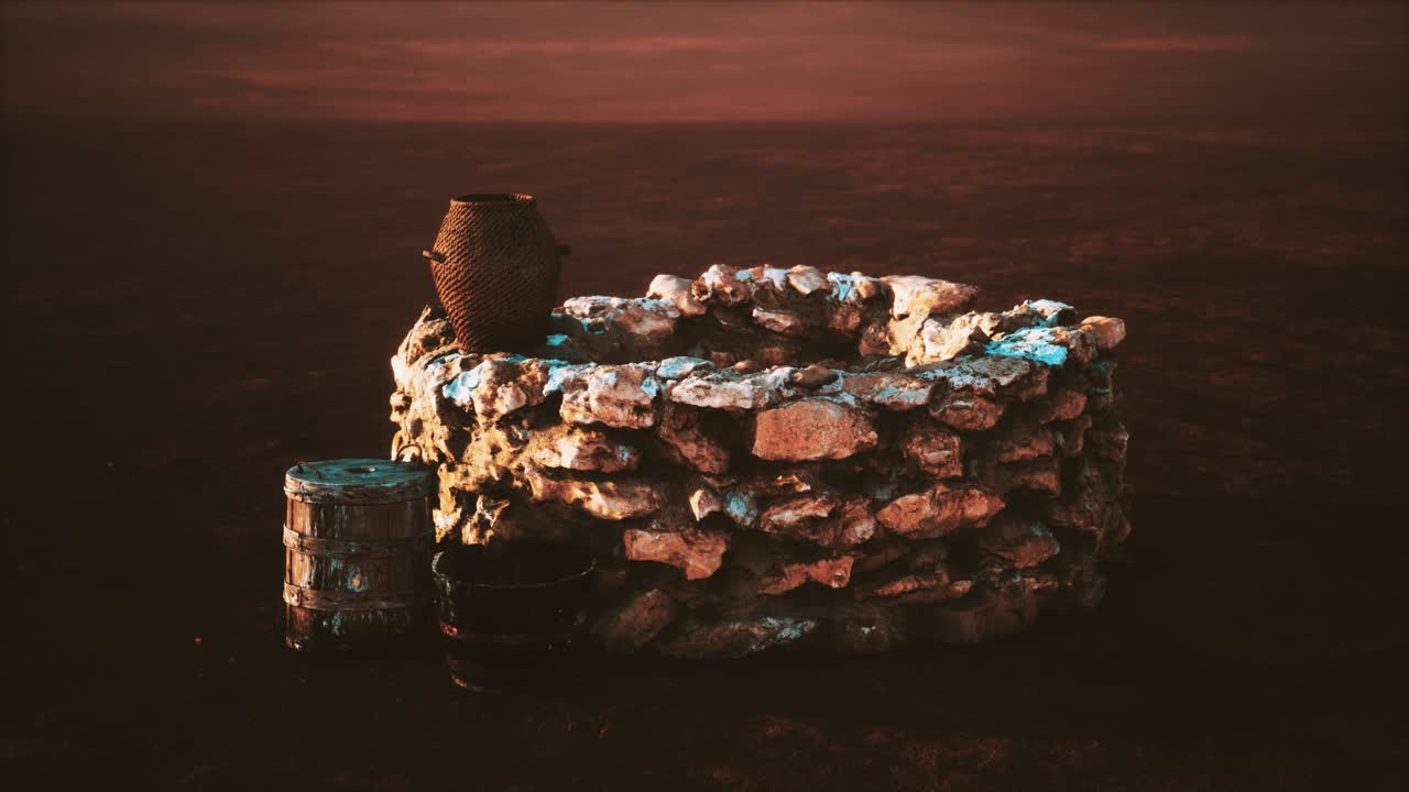 viejo pozo de agua de piedra en el desierto