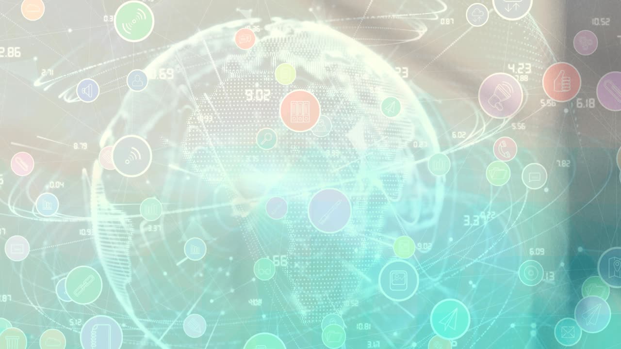 흐릿한 배경 위에 디지털 아이콘이 있는 지구의 애니메이션