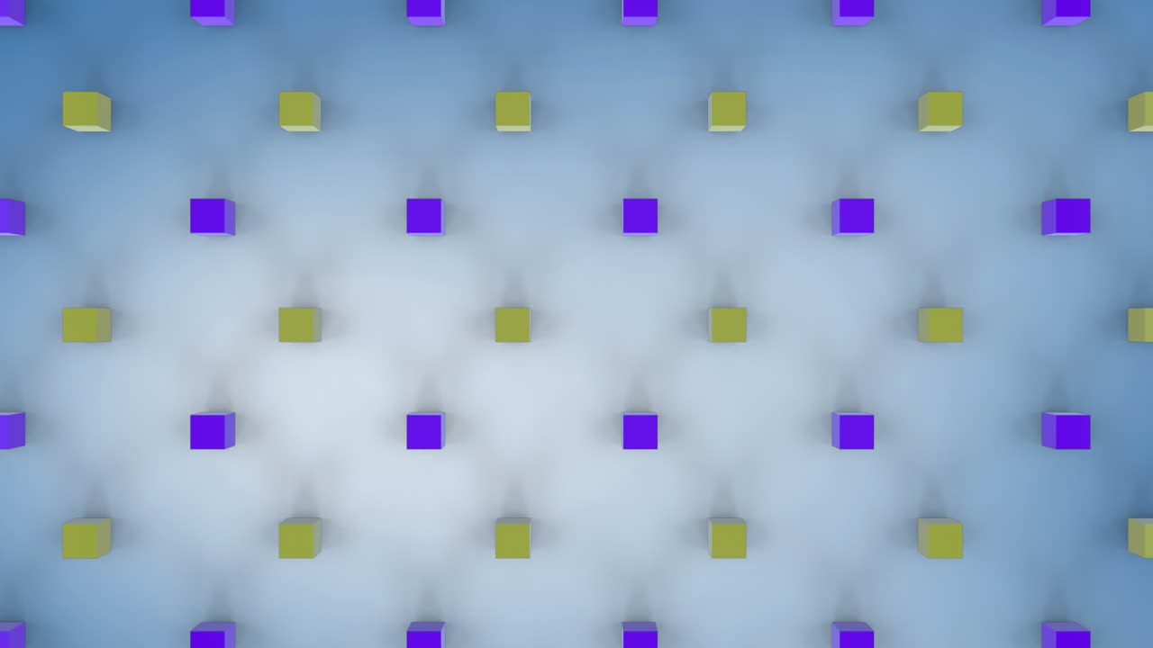 cubos de color amarillo y púrpura en movimiento en fondo azul pálido blanco