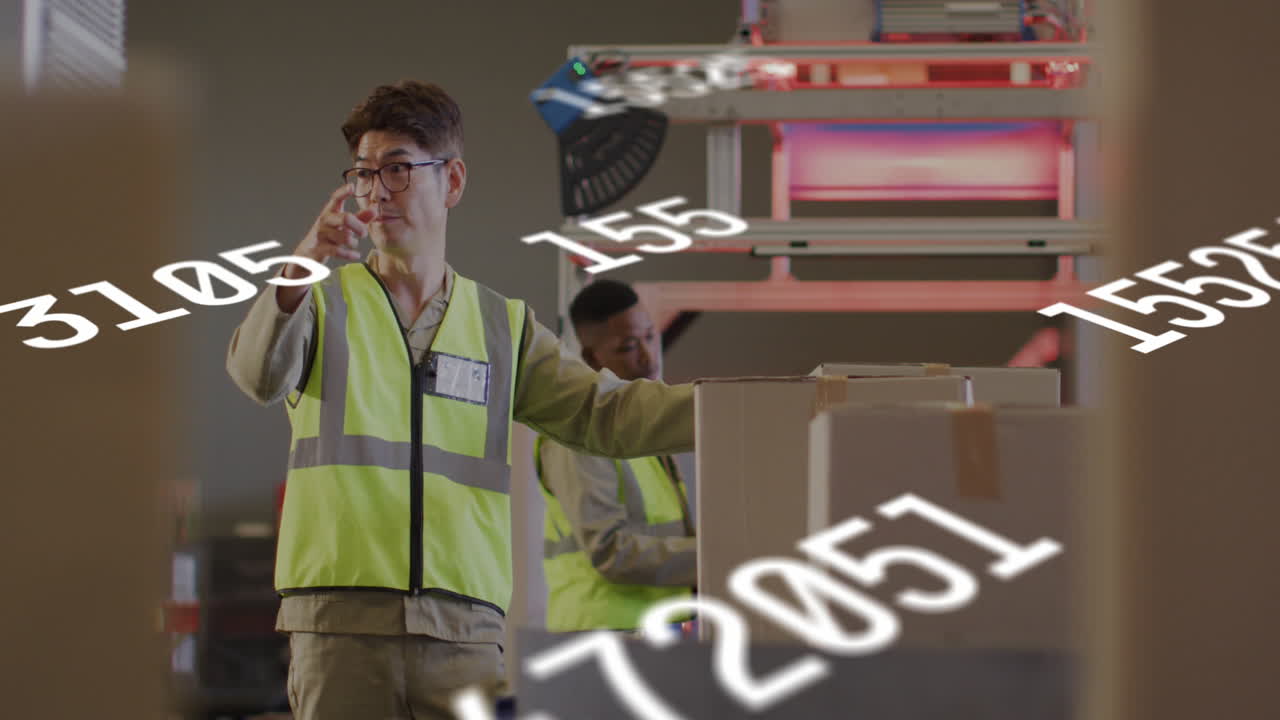 창고에서 일하는 두 인종의 남성에 대한 숫자 및 데이터 처리의 애니메이션