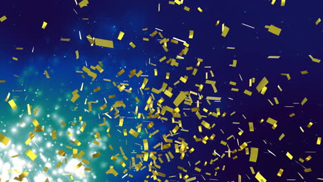 golden confetti falling animation over blue and green sparkling background