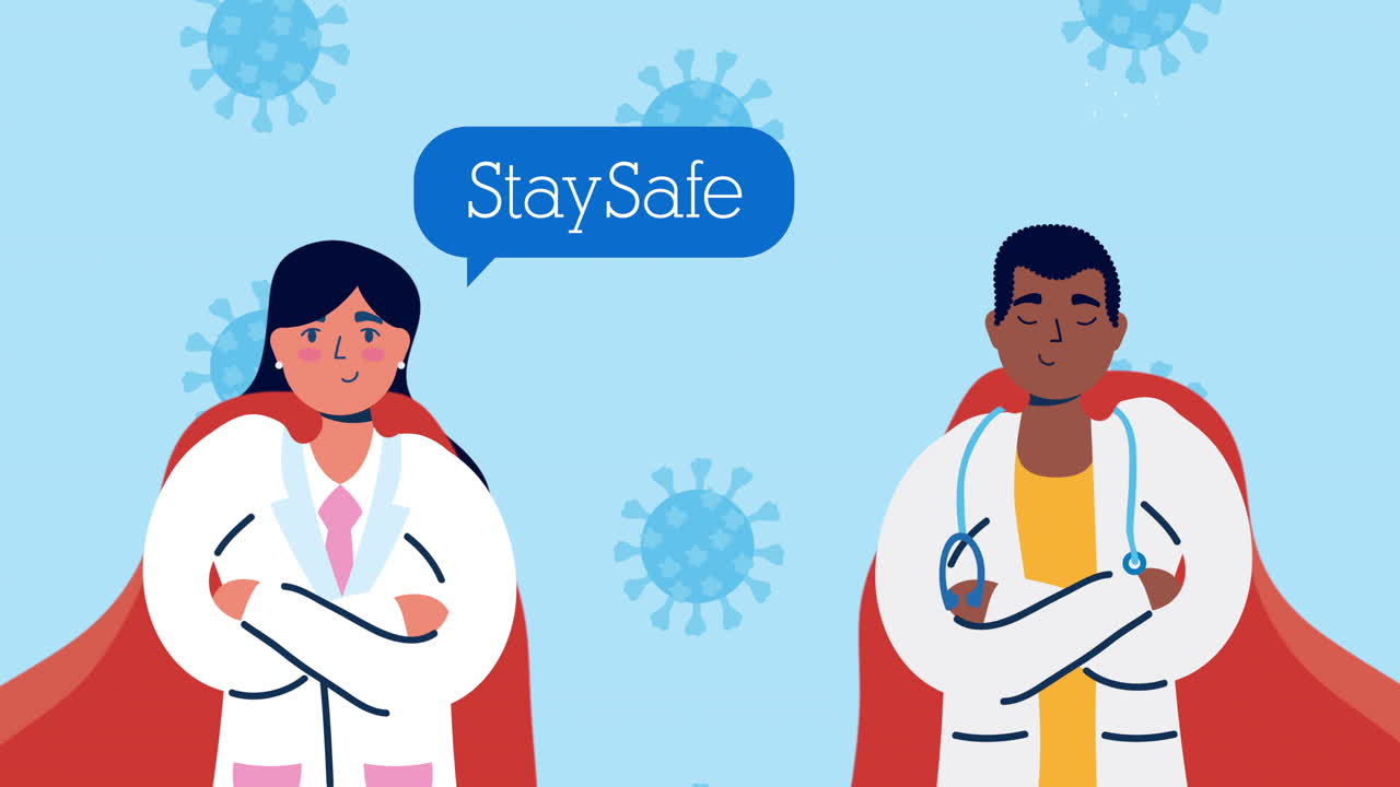 영웅의 망토와 코비드19 입자를 가진 두 명의 의사.