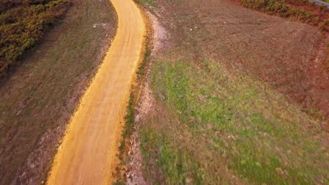 Top-Down-Aerial-Shot-Flying-Over-Yellow-Pathway-on-the-Camino-De-Santiago-or-The-Way-of-St