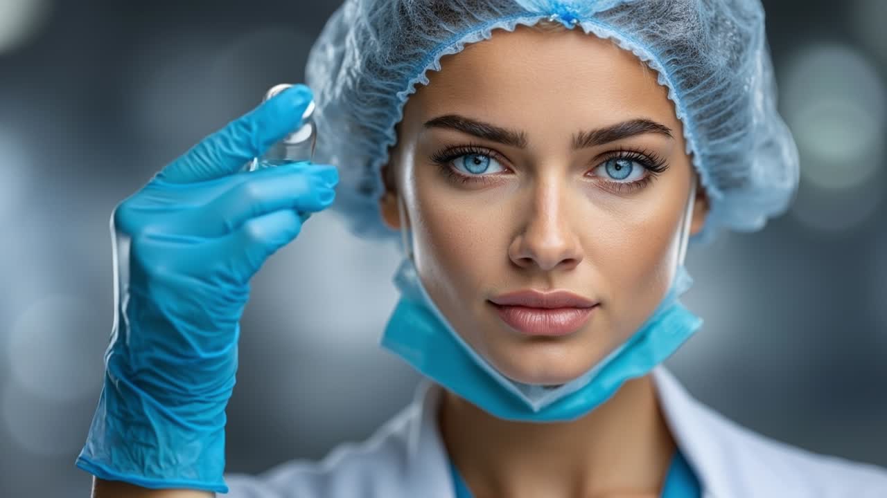 Ritratto di una bella dottoressa che tiene una fiala di vetro con medicinale blu in un ambiente di laboratorio di ricerca clinica.