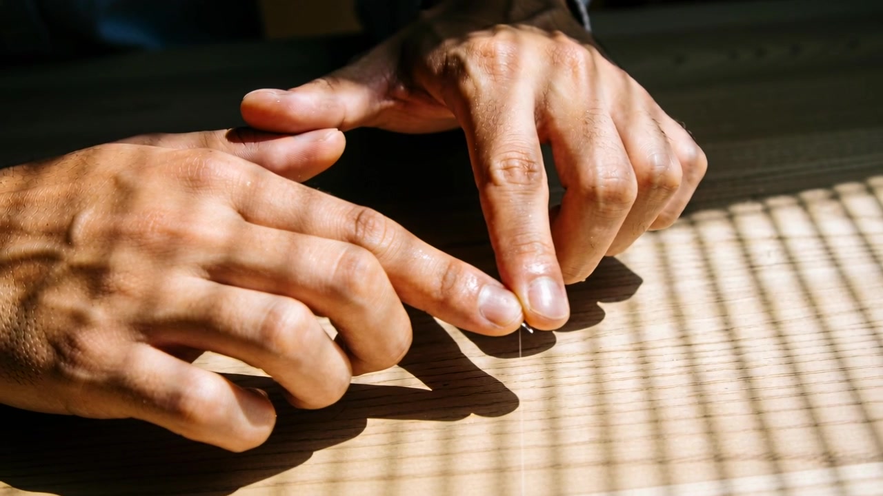 Approaching adult hands seating metallic pin into wooden table, with blinds shadows and cuff