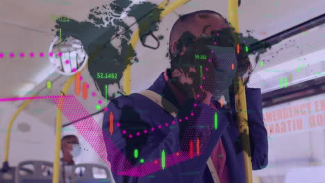 animación del procesamiento de datos financieros y hombre con máscara facial en el autobús