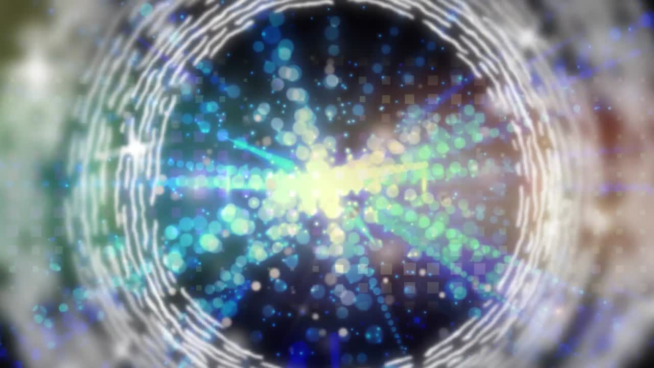 animación de anillos blancos giratorios sobre estrellas brillantes y haces de luz brillantes